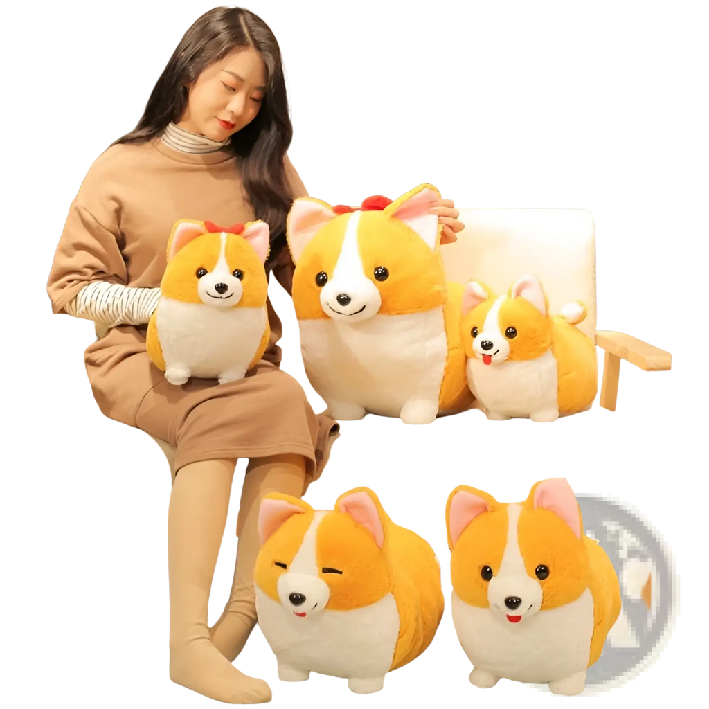 Corgi plush toy stuffed animal with orange and white fur black button eyes pink ears and red bow ribbon accessory