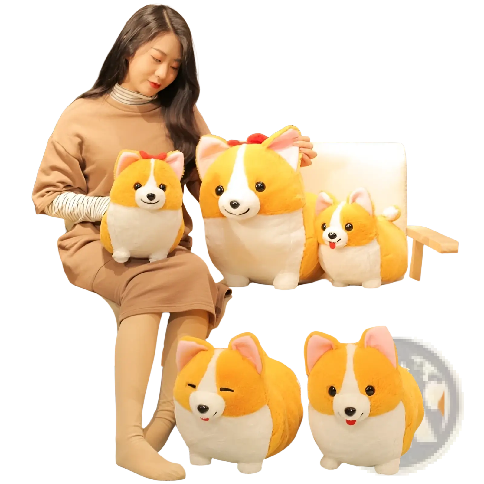 Corgi plush toy stuffed animal with orange and white fur black button eyes pink ears and red bow ribbon accessory