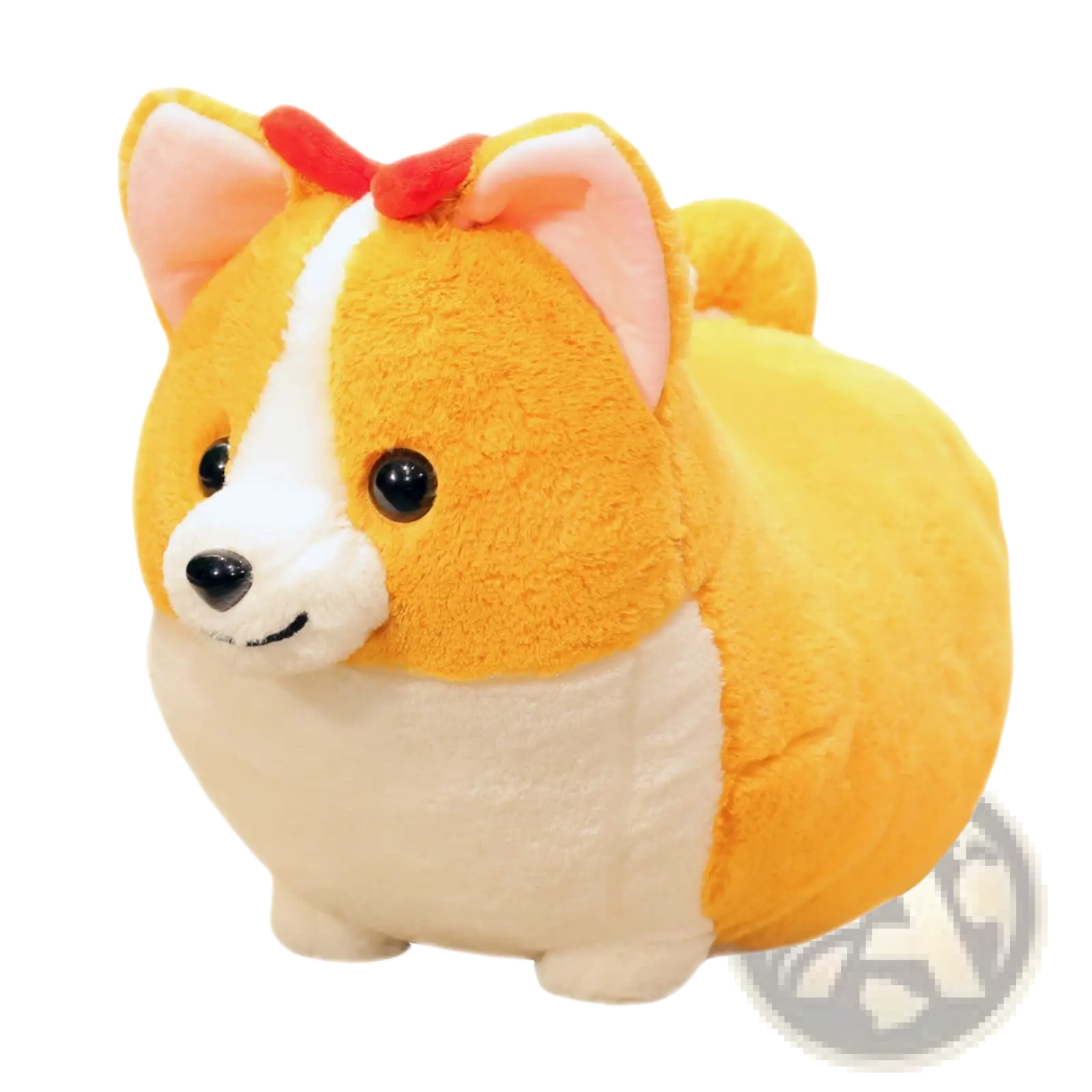 Corgi plush toy stuffed animal with orange and white fur soft material black button eyes and red bow ribbon