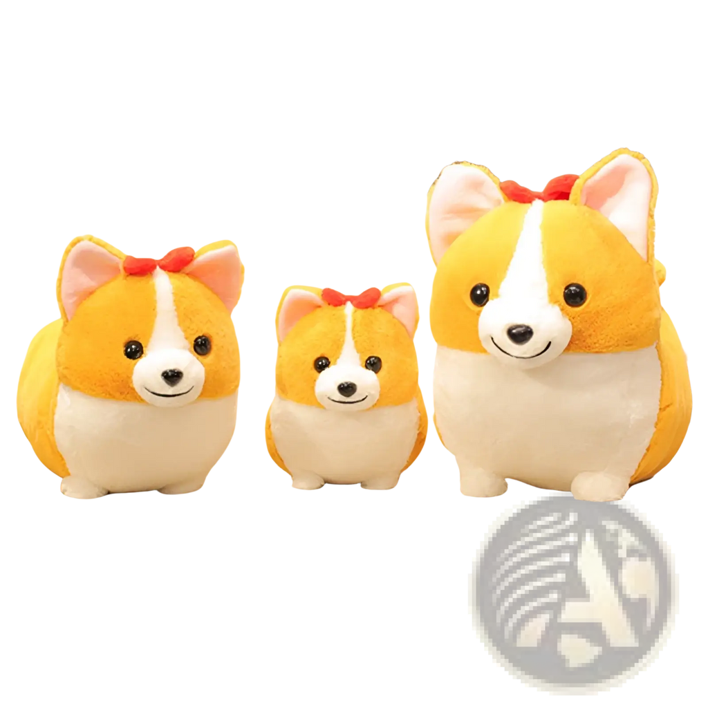 Three yellow and white corgi plush toy stuffed animals with red bow ribbons made of soft fabric material