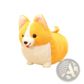Adorable yellow and white corgi plush toy stuffed animal with soft fabric, red bow ribbon, black button eyes, and pink ears