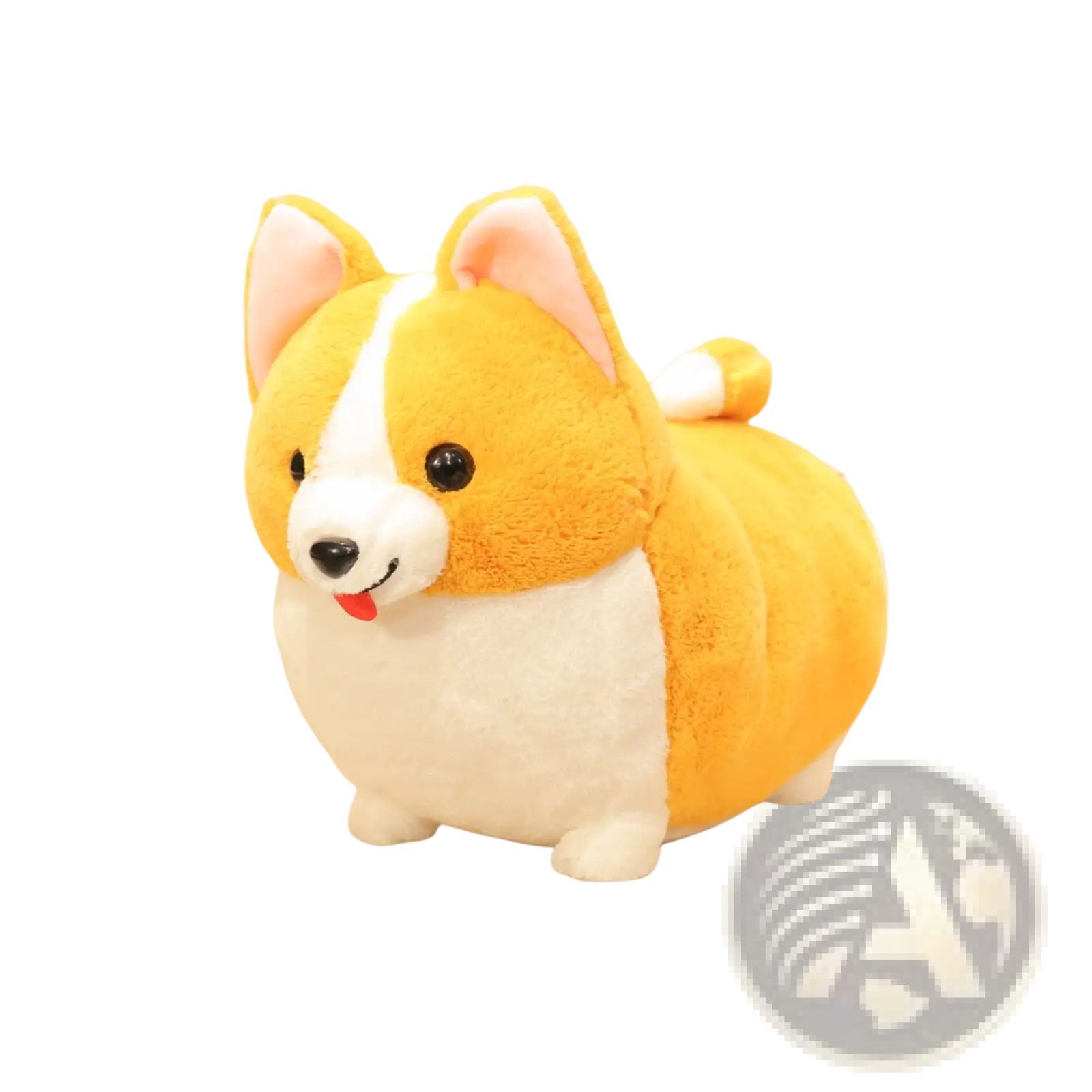 Adorable yellow and white corgi plush toy stuffed animal with soft fabric, red bow ribbon, black button eyes, and pink ears