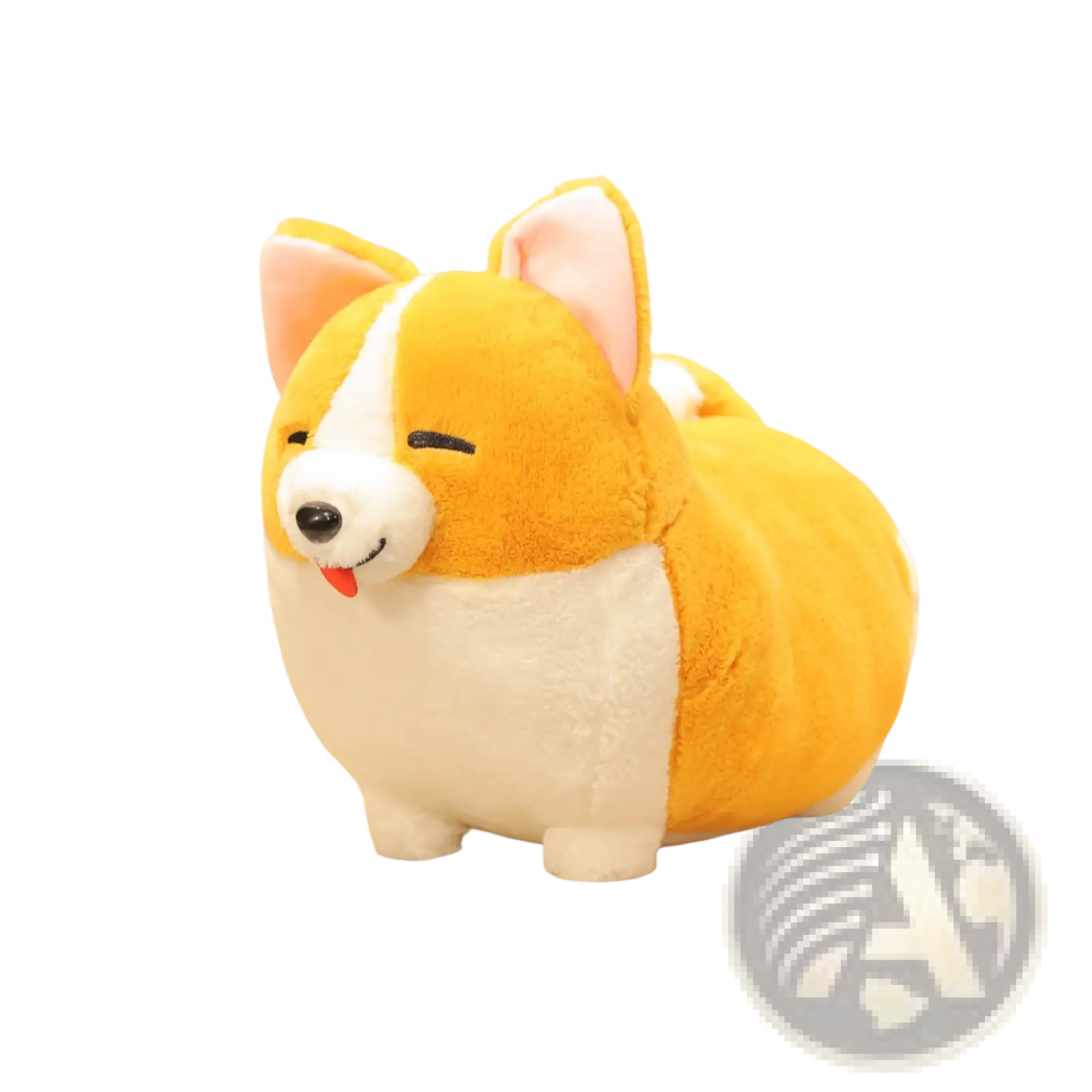 Cute yellow and white plush corgi stuffed animal with pink ears black nose red tongue and red bow ribbon