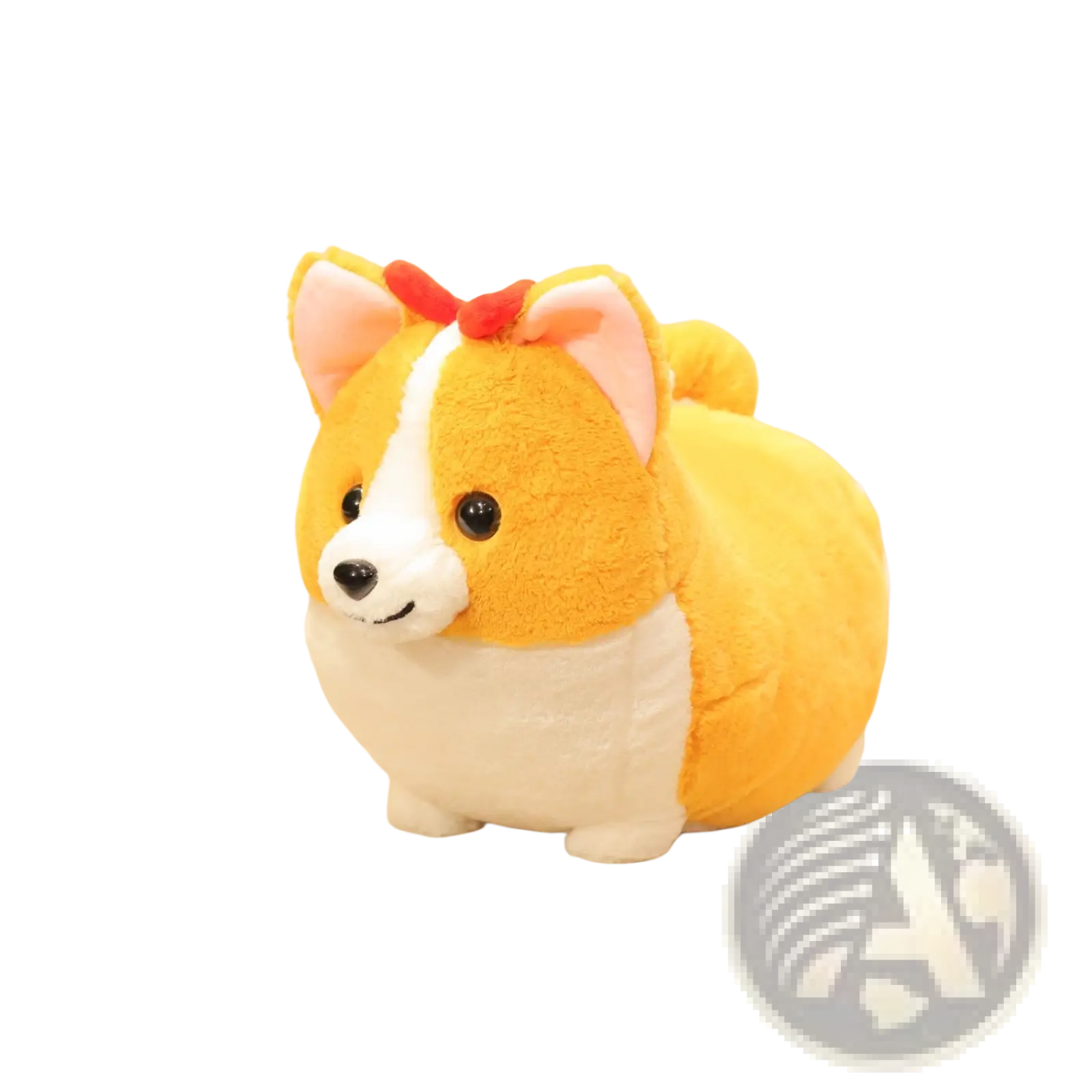 Corgi plush toy stuffed animal with orange and white fur pink inner ears black eyes and a red bow ribbon on its head
