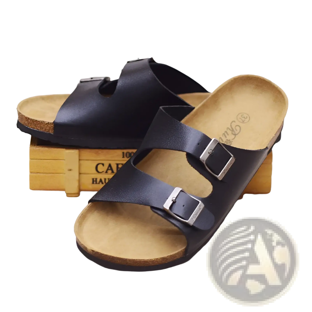 Black leather two strap sandals with silver buckles and cork footbed for comfortable casual wear