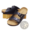 Black leather two strap sandals with silver buckles and cork footbed for comfortable casual wear