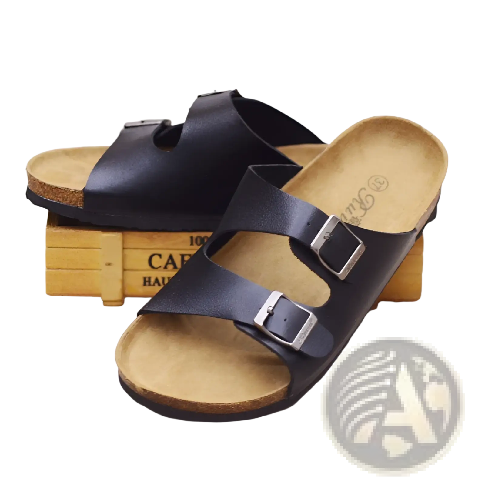 Black leather two strap sandals with silver buckles and cork footbed for comfortable casual wear