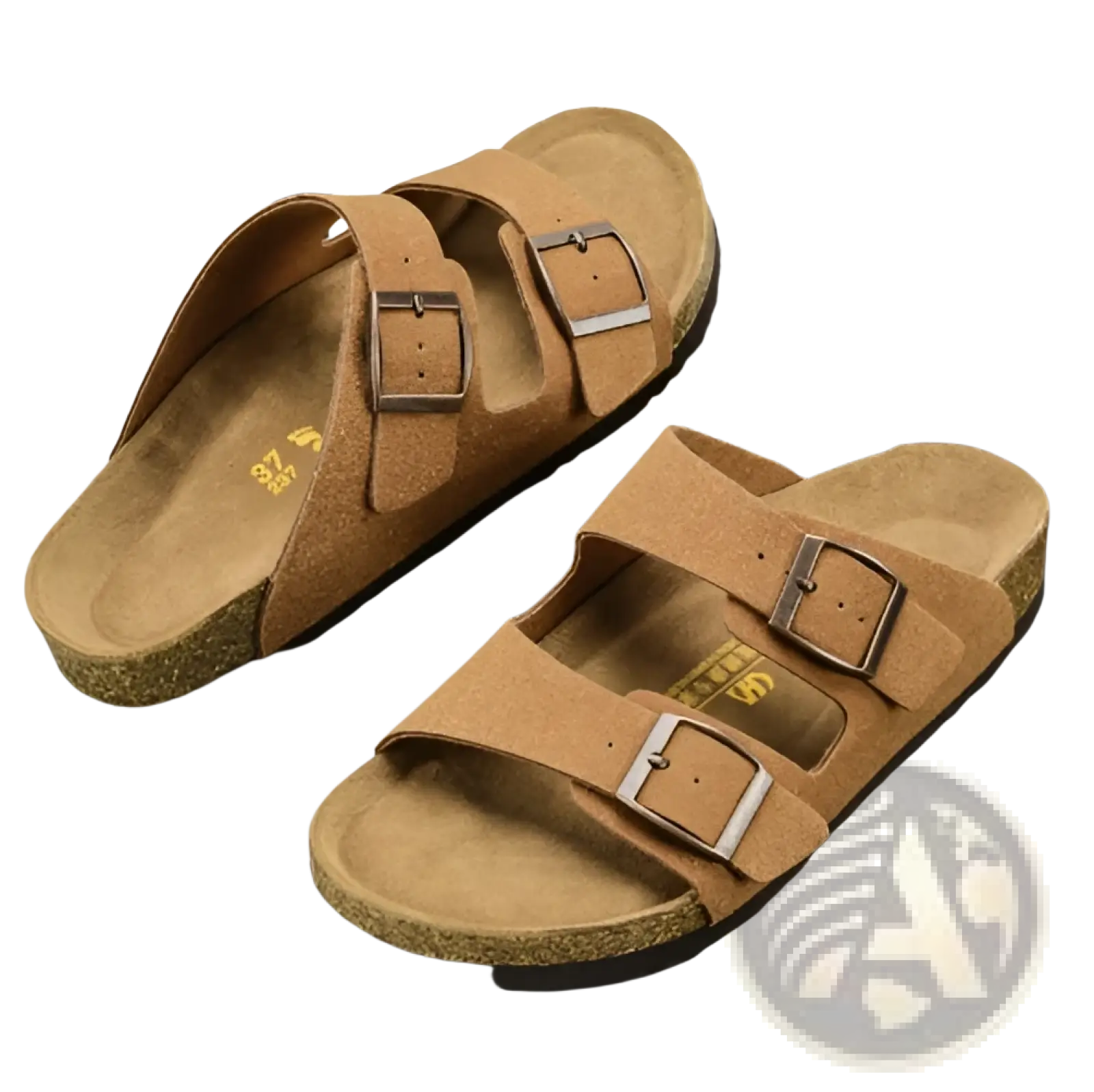 Tan suede birkenstock cork footbed leather two strap sandals with two adjustable buckle straps