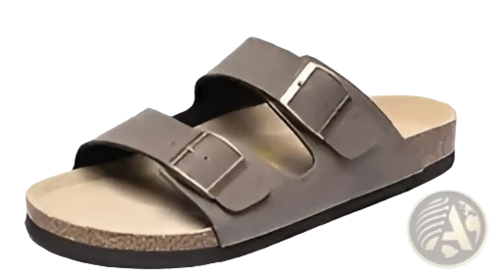 Brown leather two strap sandals with cork footbed and metal buckles designed for comfortable wear