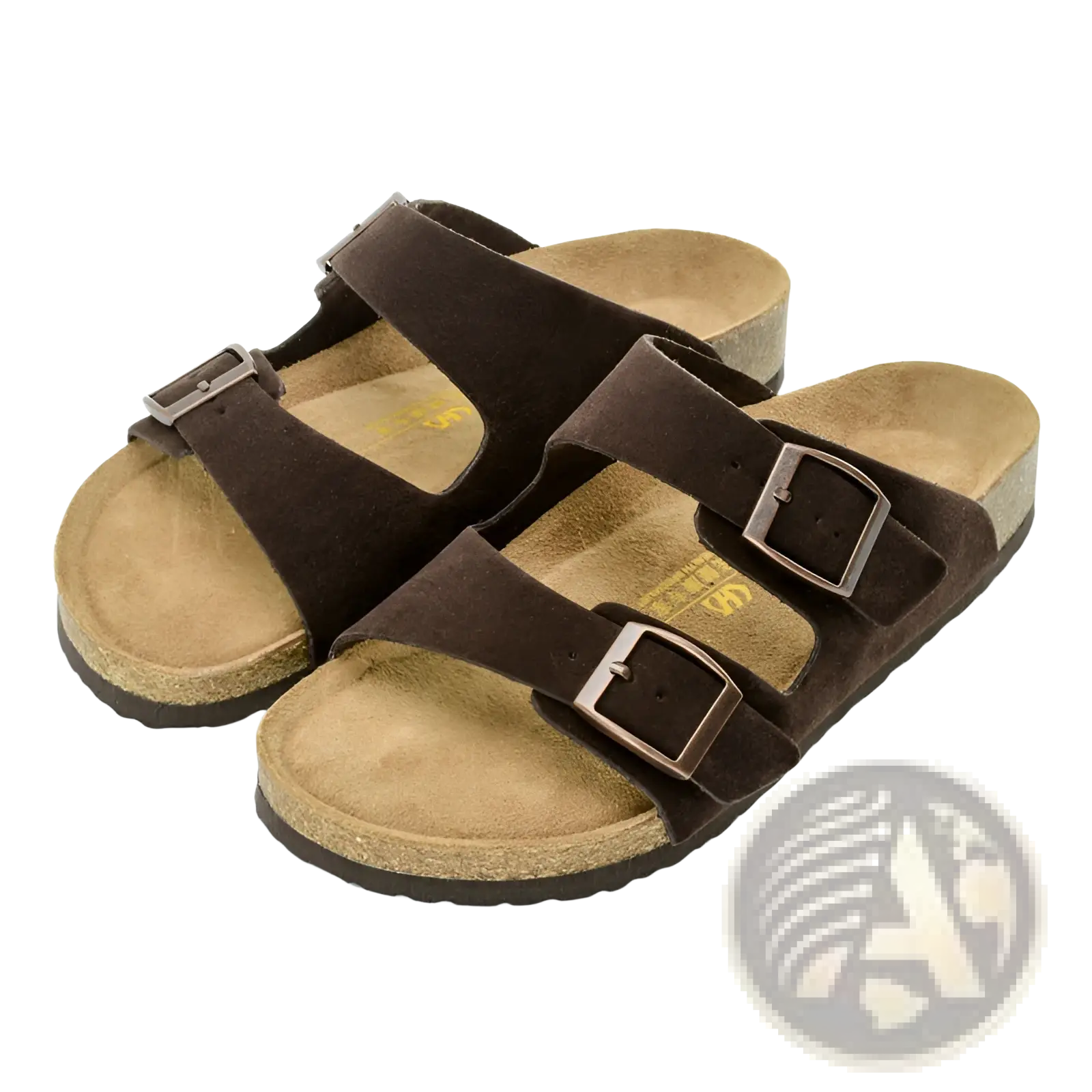 Brown suede cork footbed leather two strap sandals with metallic buckles for comfortable casual wear