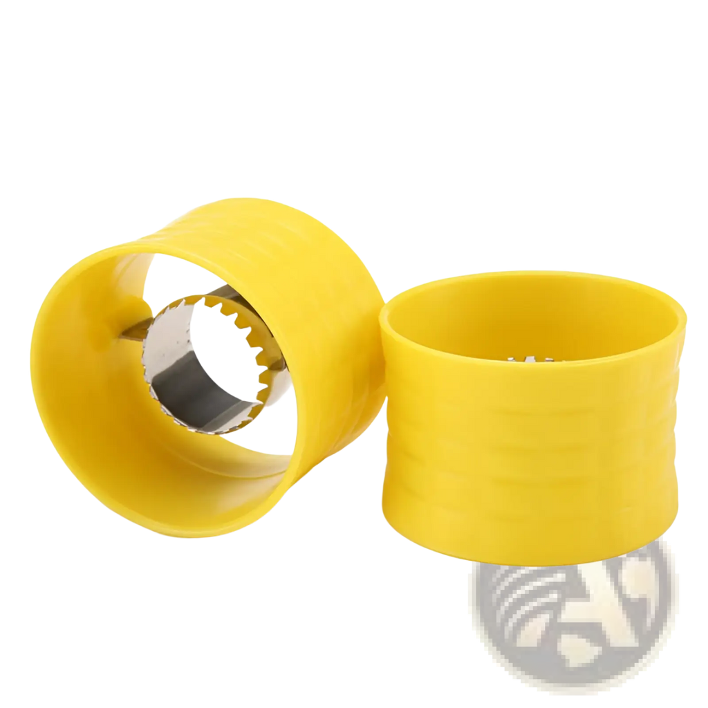 Yellow plastic citrus reamer with metallic toothed inner blade for manual stainless steel corn grinder thresher peeler