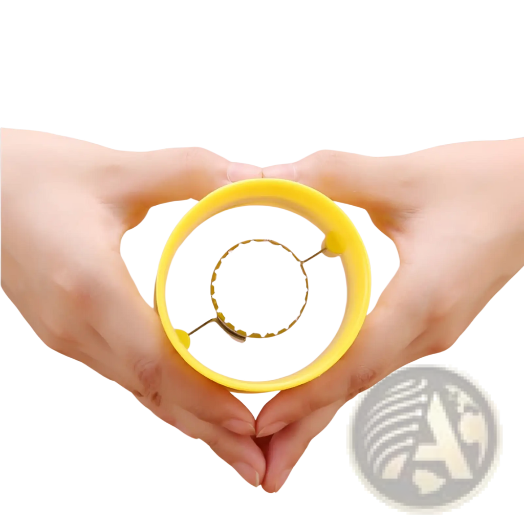 Yellow plastic egg ring with gold metal wire frame inside manual stainless steel corn grinder thresher peeler