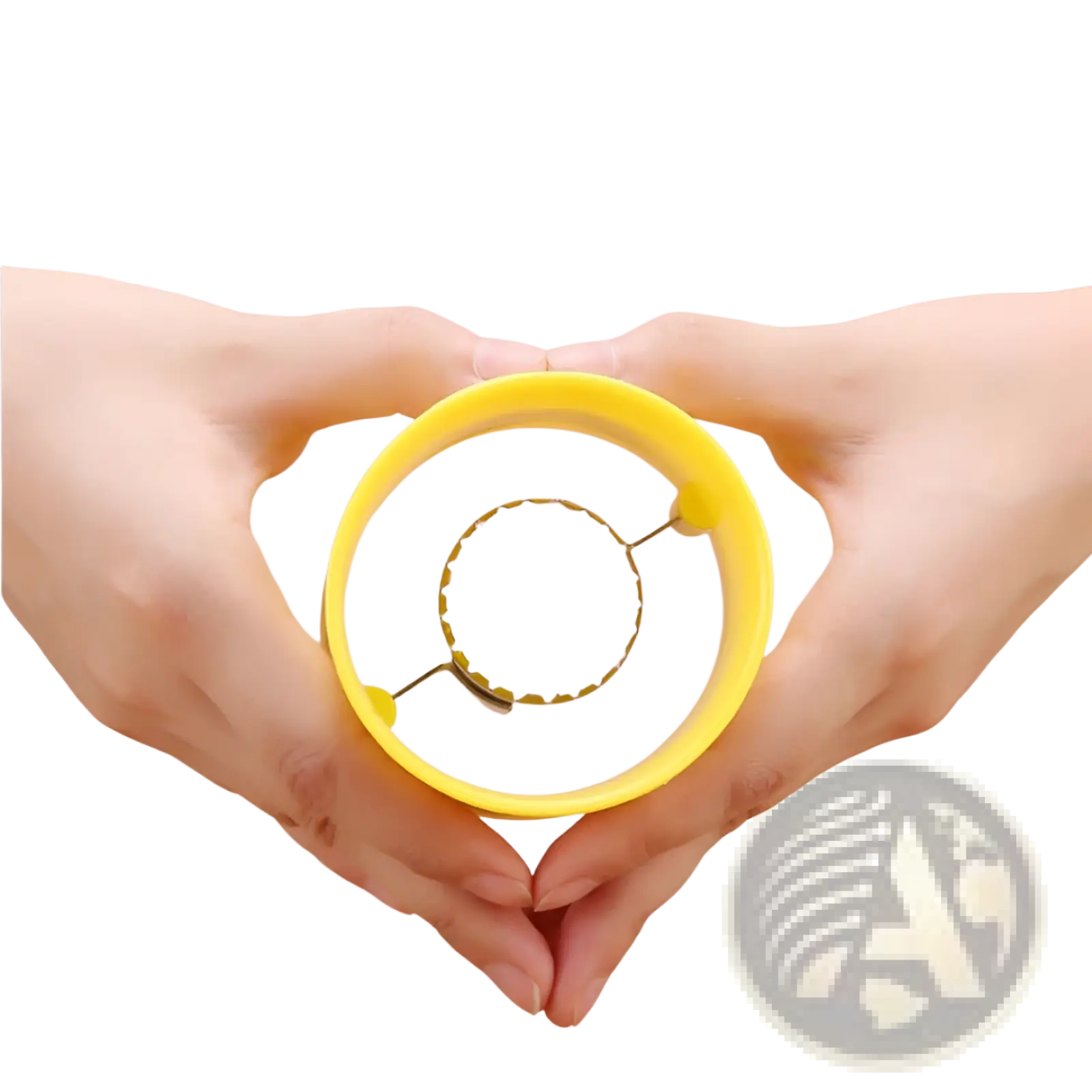 Yellow plastic egg ring with gold metal wire frame inside manual stainless steel corn grinder thresher peeler