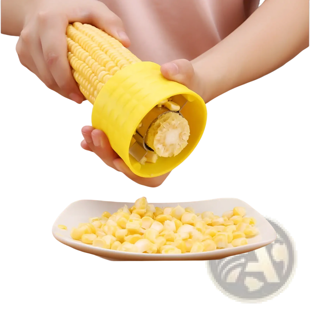 Yellow plastic corn grinder thresher manual with stainless steel peeler and textured grip metal cutting mechanism