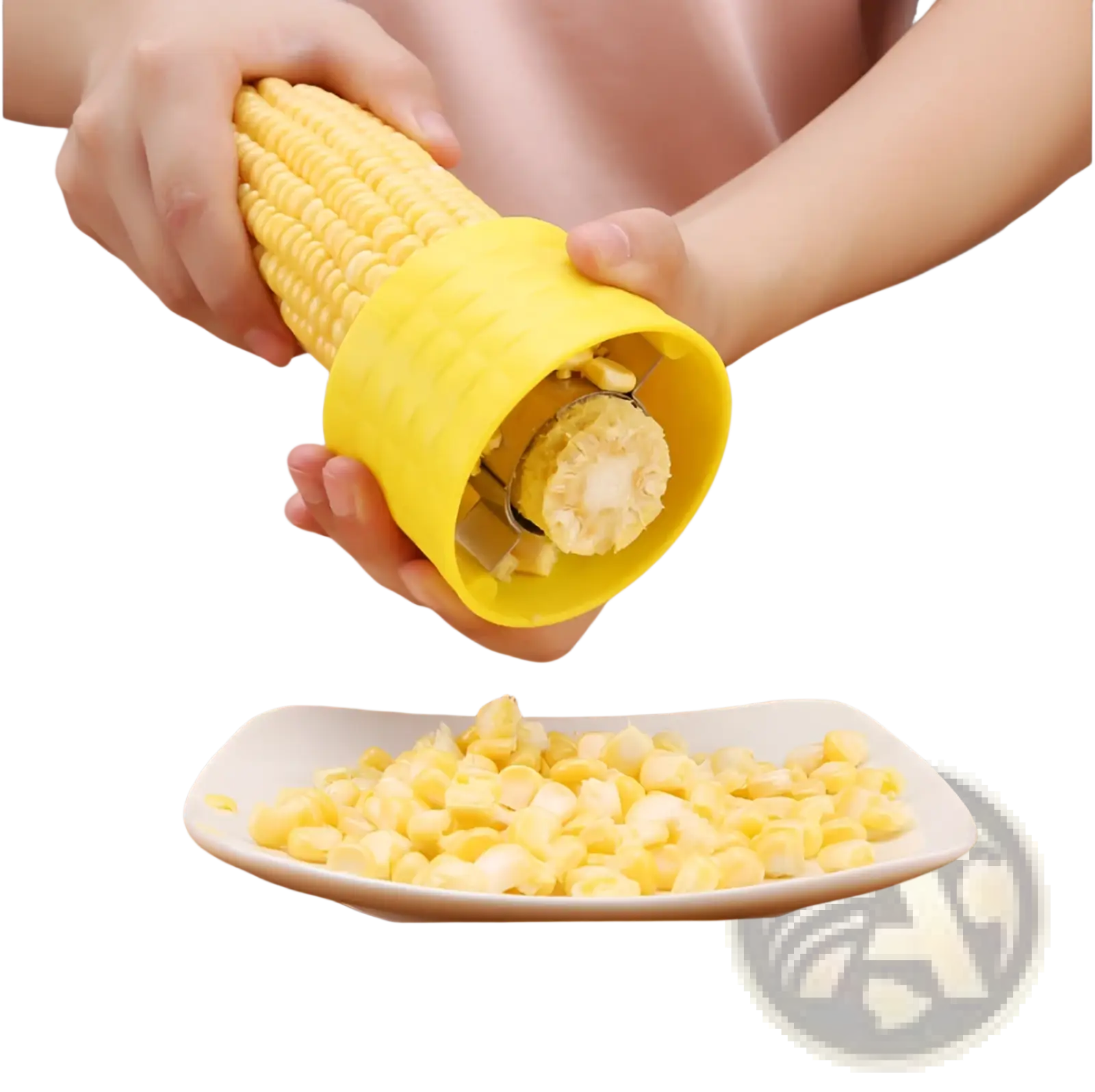 Yellow plastic corn grinder thresher manual with stainless steel peeler and textured grip metal cutting mechanism
