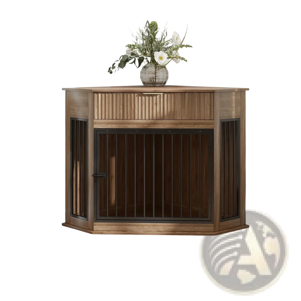 A rustic dark wood corner dog crate furniture featuring vertical slat panels black metal framed glass door and fluted drawer