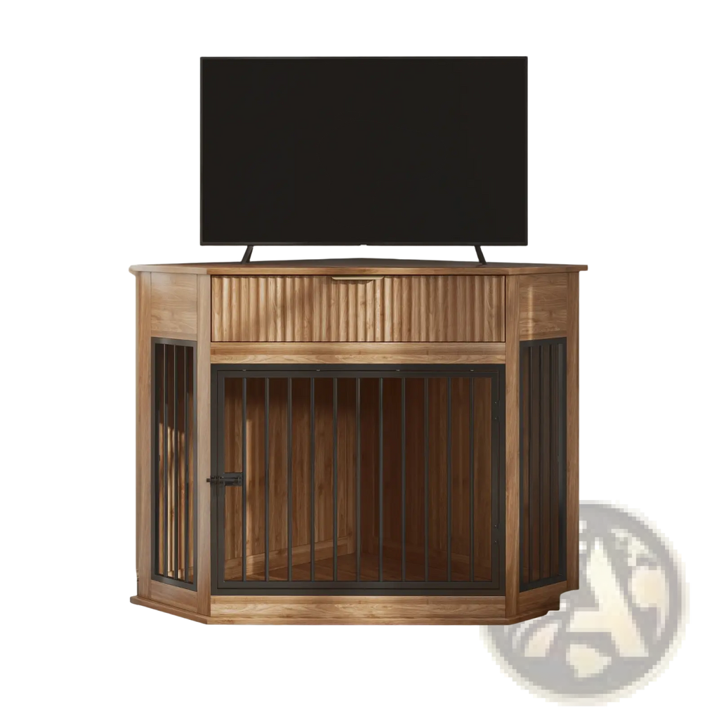 Wooden corner dog crate furniture with black metal bars and a fluted storage drawer above the crate