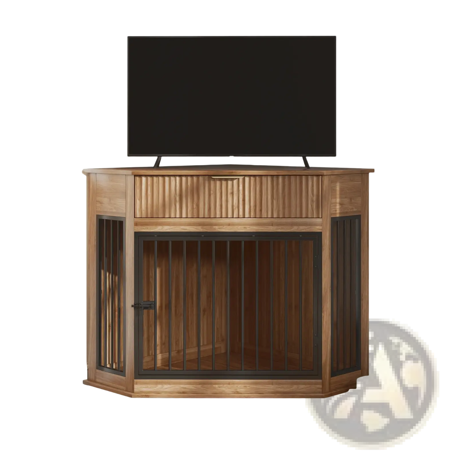 Wooden corner dog crate furniture with black metal bars and a fluted storage drawer above the crate