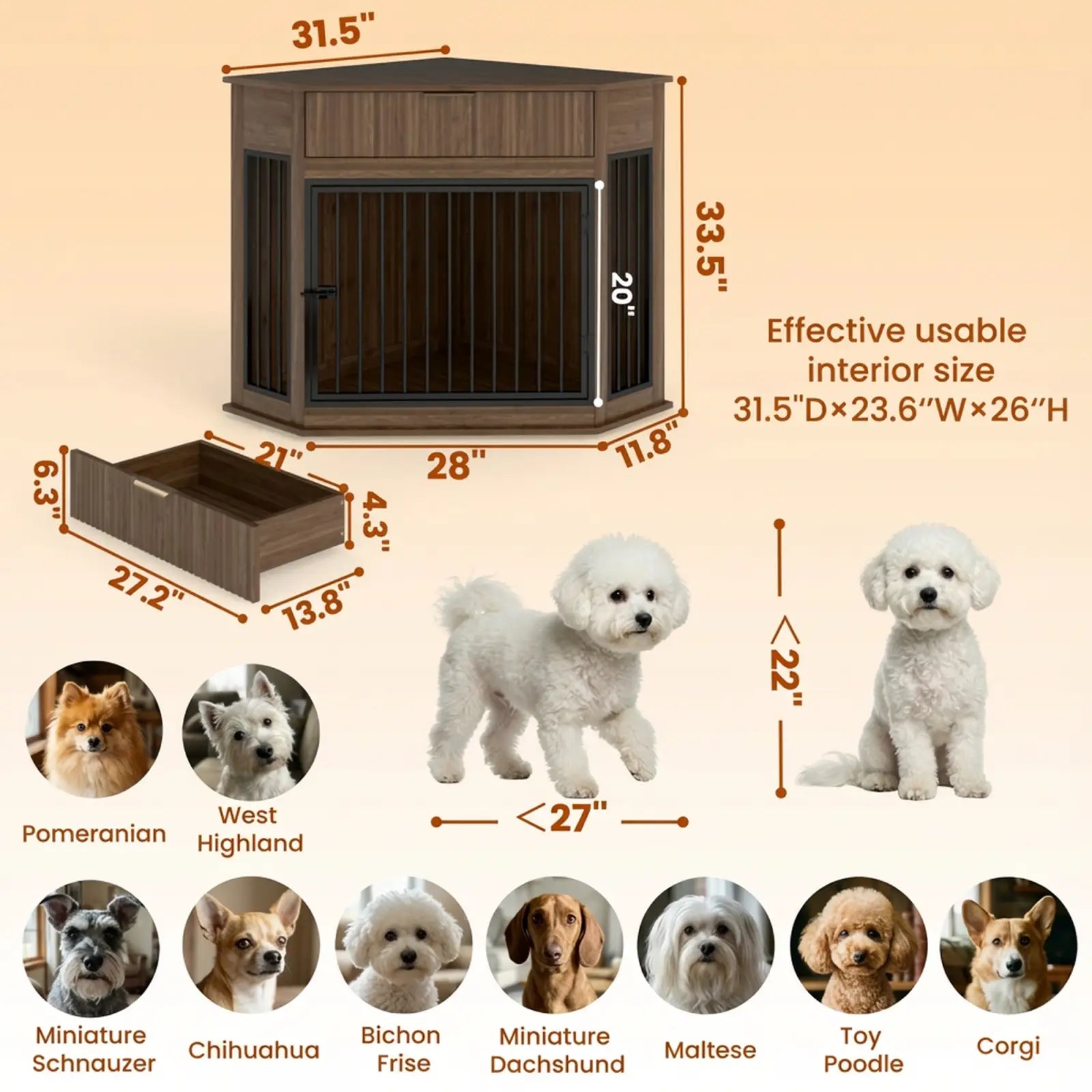 Dark wood-finished corner dog crate furniture with slatted front panel and fluted storage drawer attached below