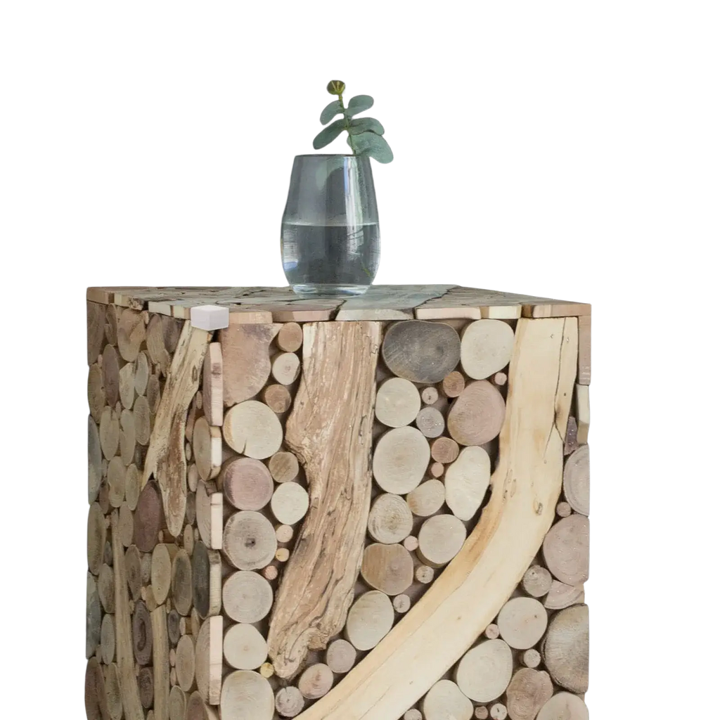 A 10pack of soft foam corner protectors for table corners featuring natural beige and tan tones on reclaimed driftwood table