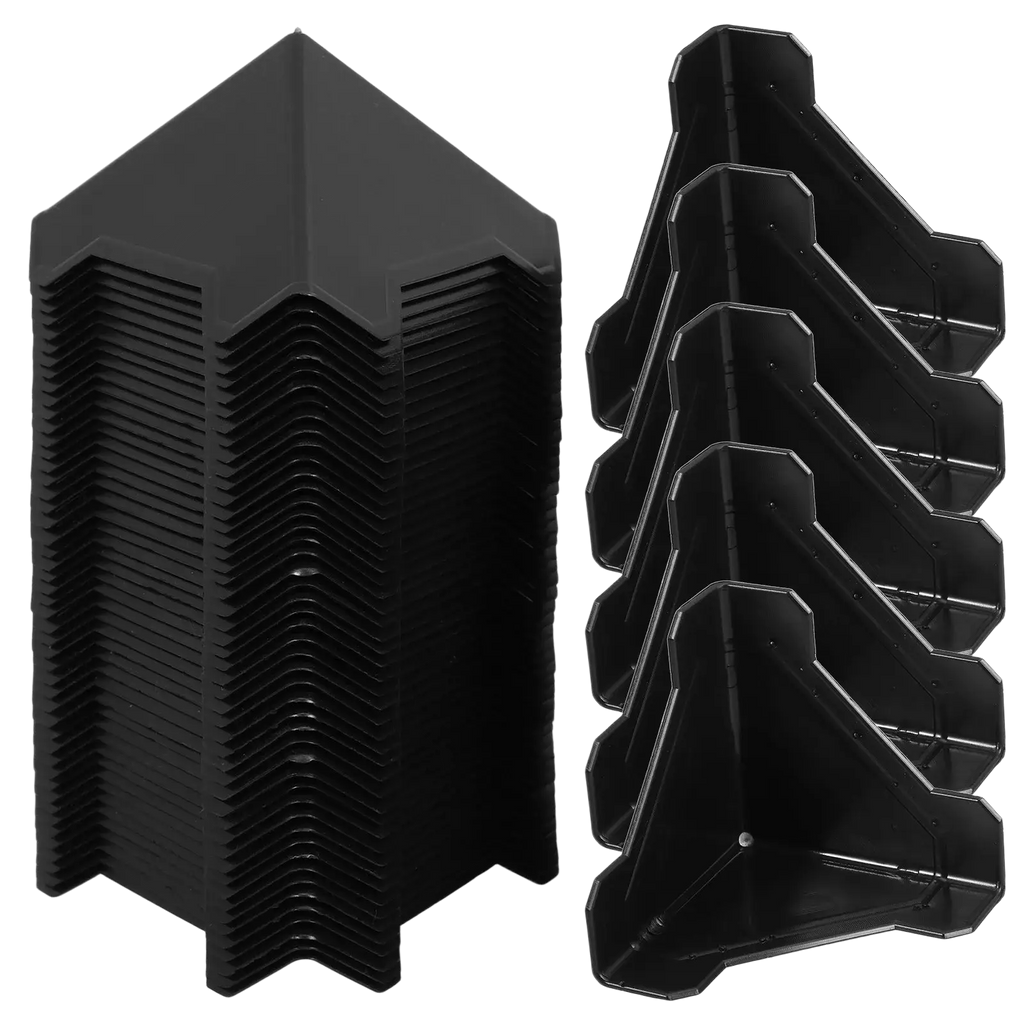 Black plastic corner protectors stackable for carton packing designed as packing corner braces for wall or shelf support