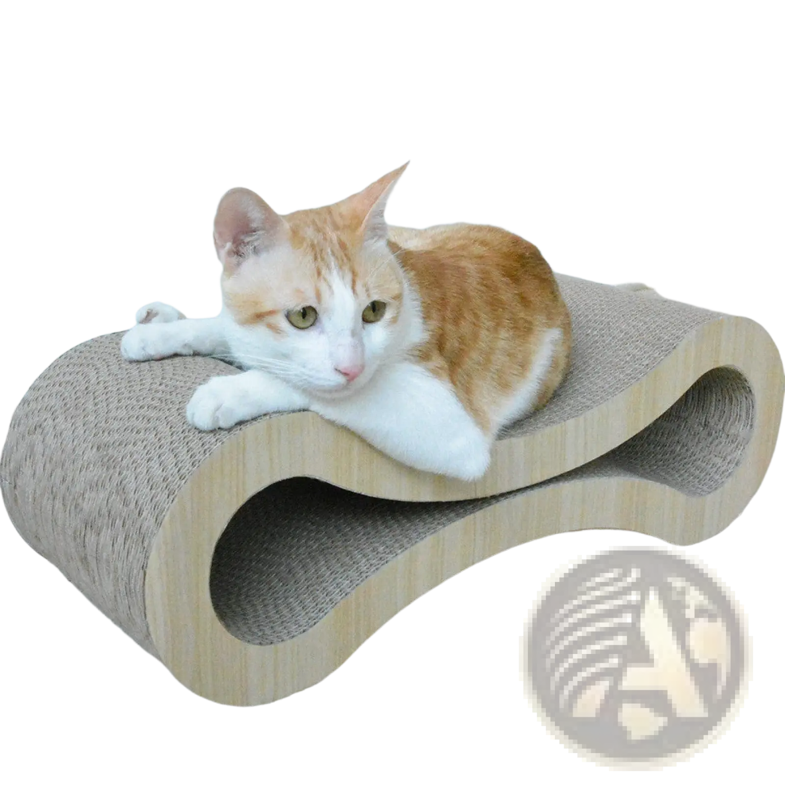 Curved wooden cat scratcher with beige textured surface and sleek modern design for pet scratching