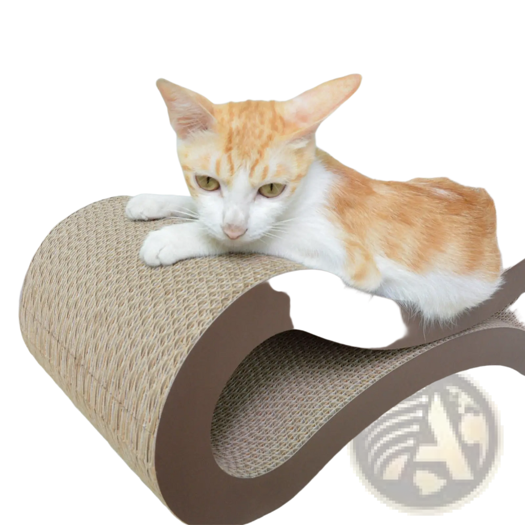 Curved brown corrugated cat scratcher with a textured woven wooden surface for modern pet use