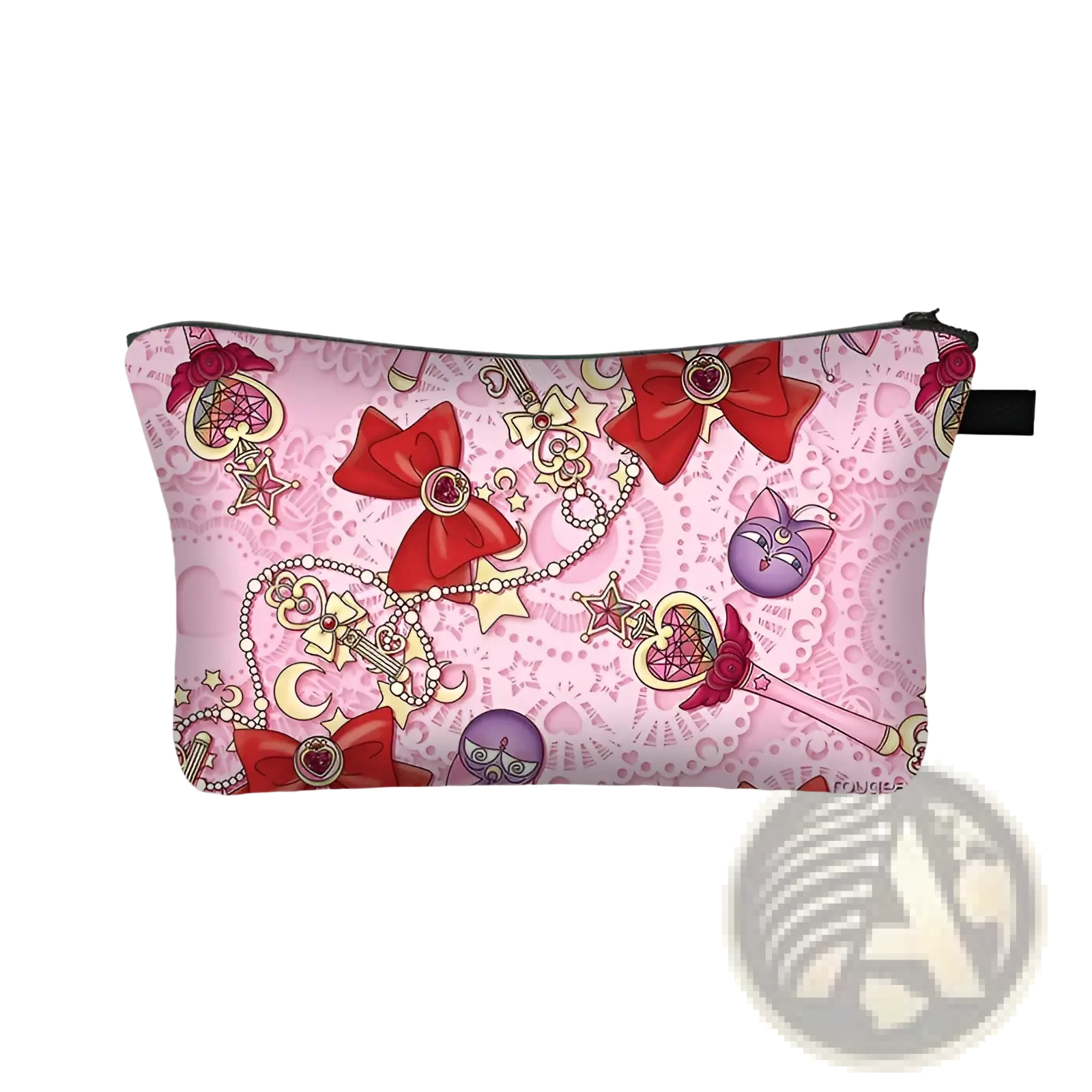 Pink cosmetic bag with whimsical sailor moon pattern red bows golden charms purple cat faces on lace travel clutch