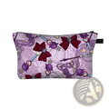 Purple and maroon cosmetic bag with whimsical bows stars and magical wand motifs on lace-patterned fabric for travel use