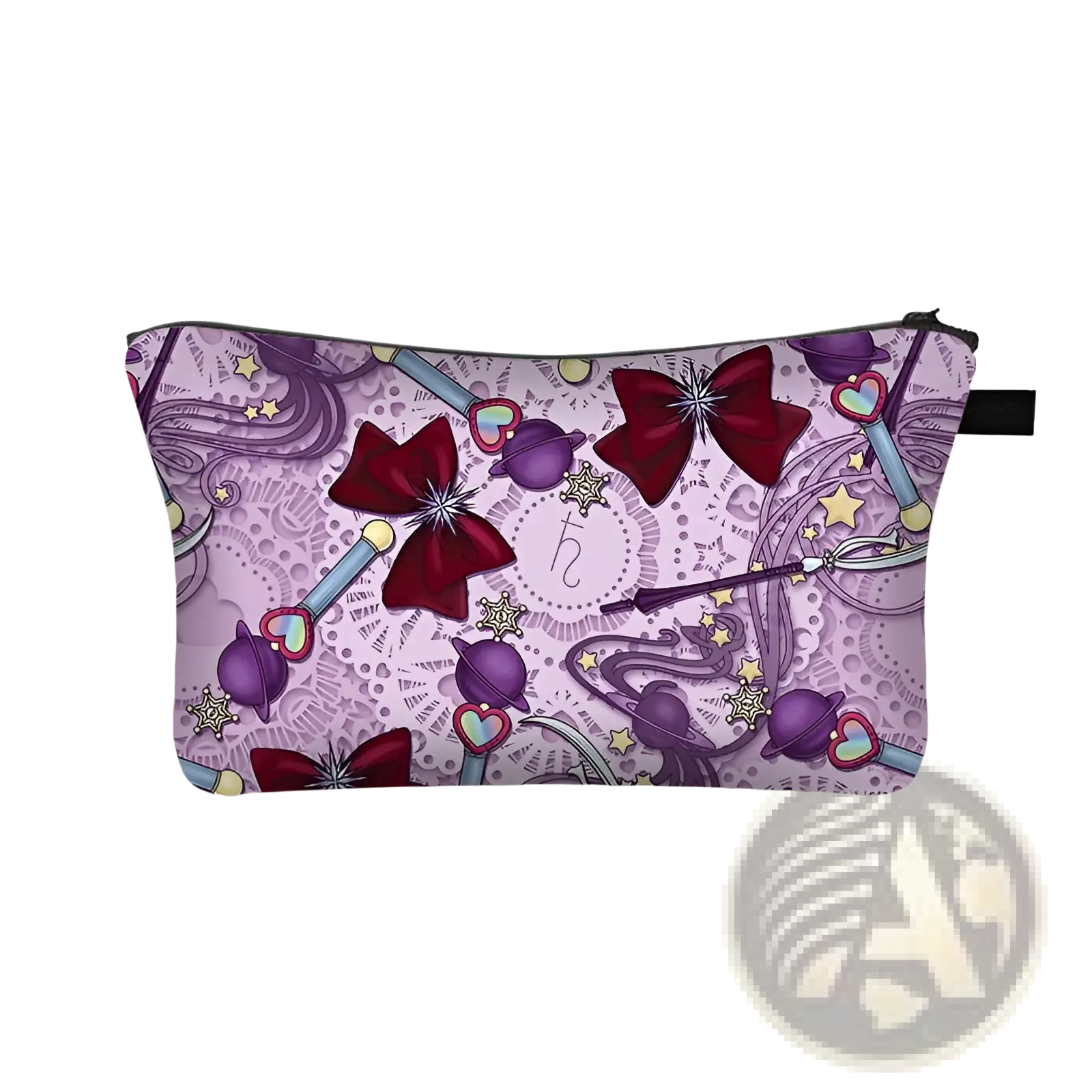 Purple and maroon cosmetic bag with whimsical bows stars and magical wand motifs on lace-patterned fabric for travel use