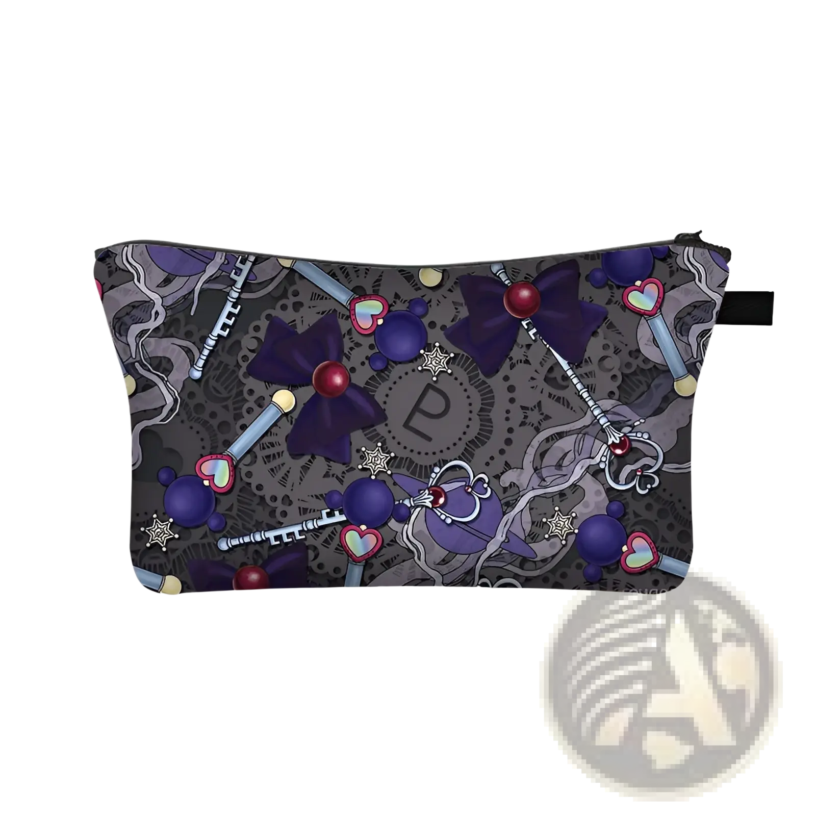 A dark gray fabric cosmetic bag with purple bows and pink heart accents in a whimsical bow and lace travel clutch design