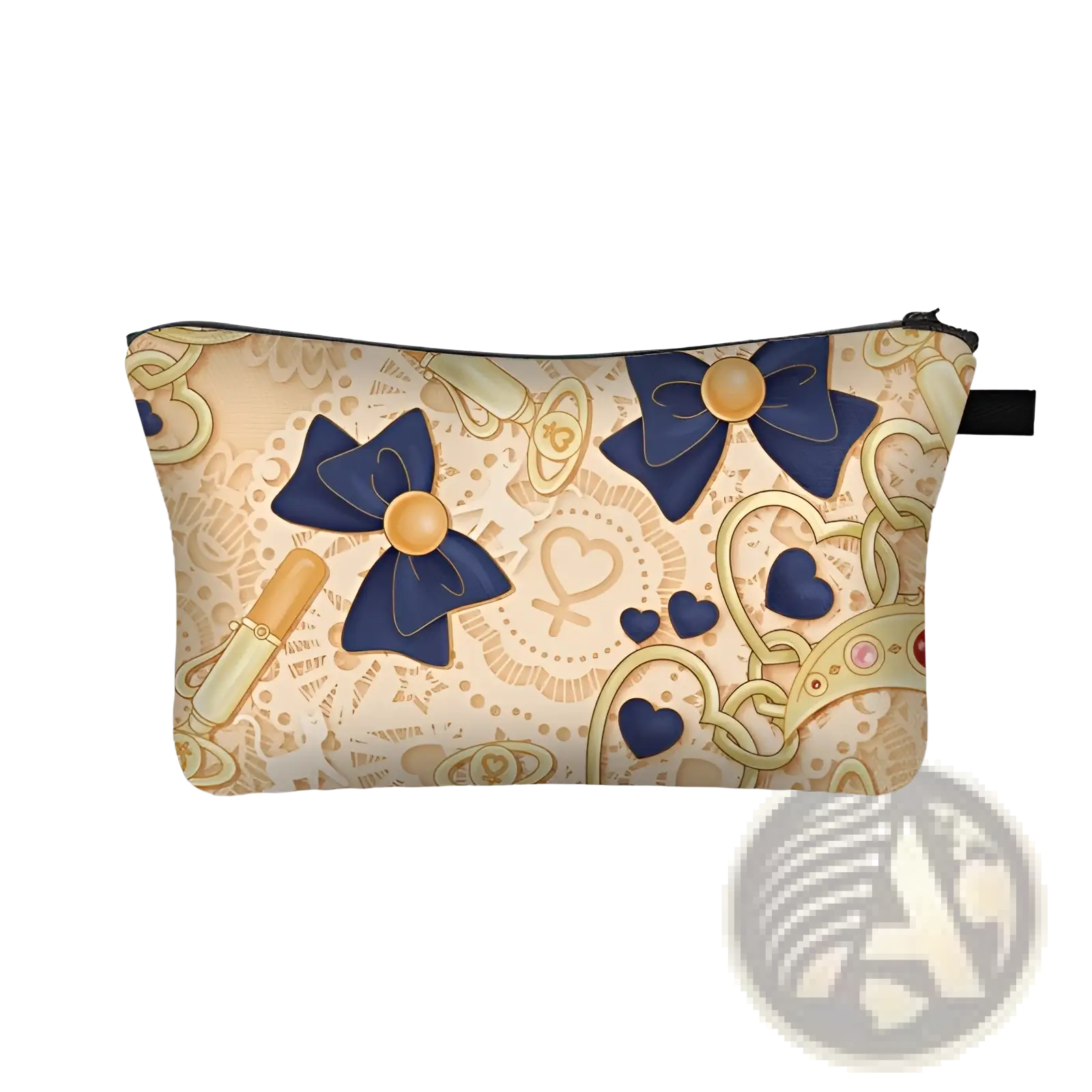 Beige cosmetic bag with navy blue bows gold hearts and lace patterns whimsical bow and lace travel clutch