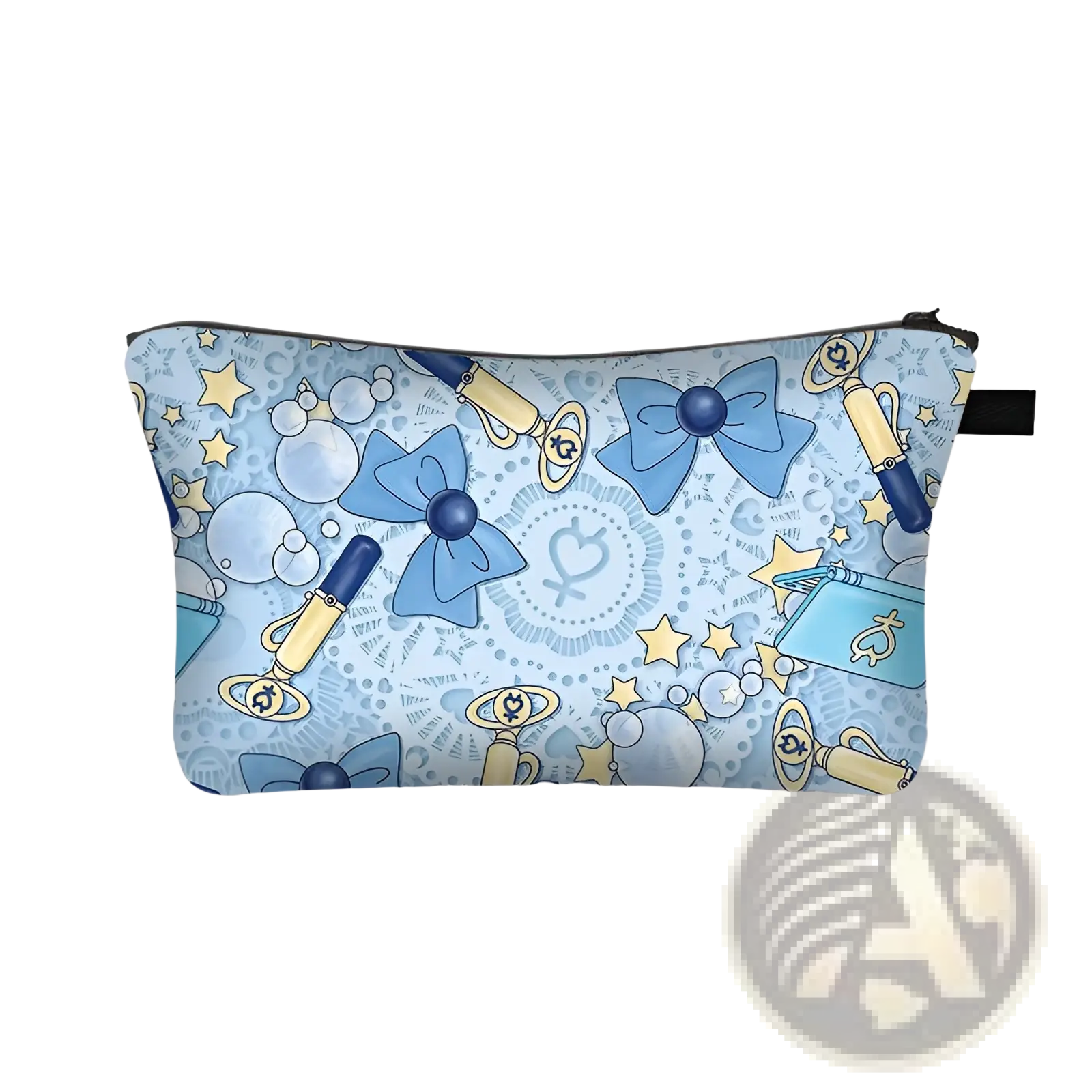 A light blue cosmetic bag featuring whimsical sailor moon-themed bows keys and stars for travel and daily use
