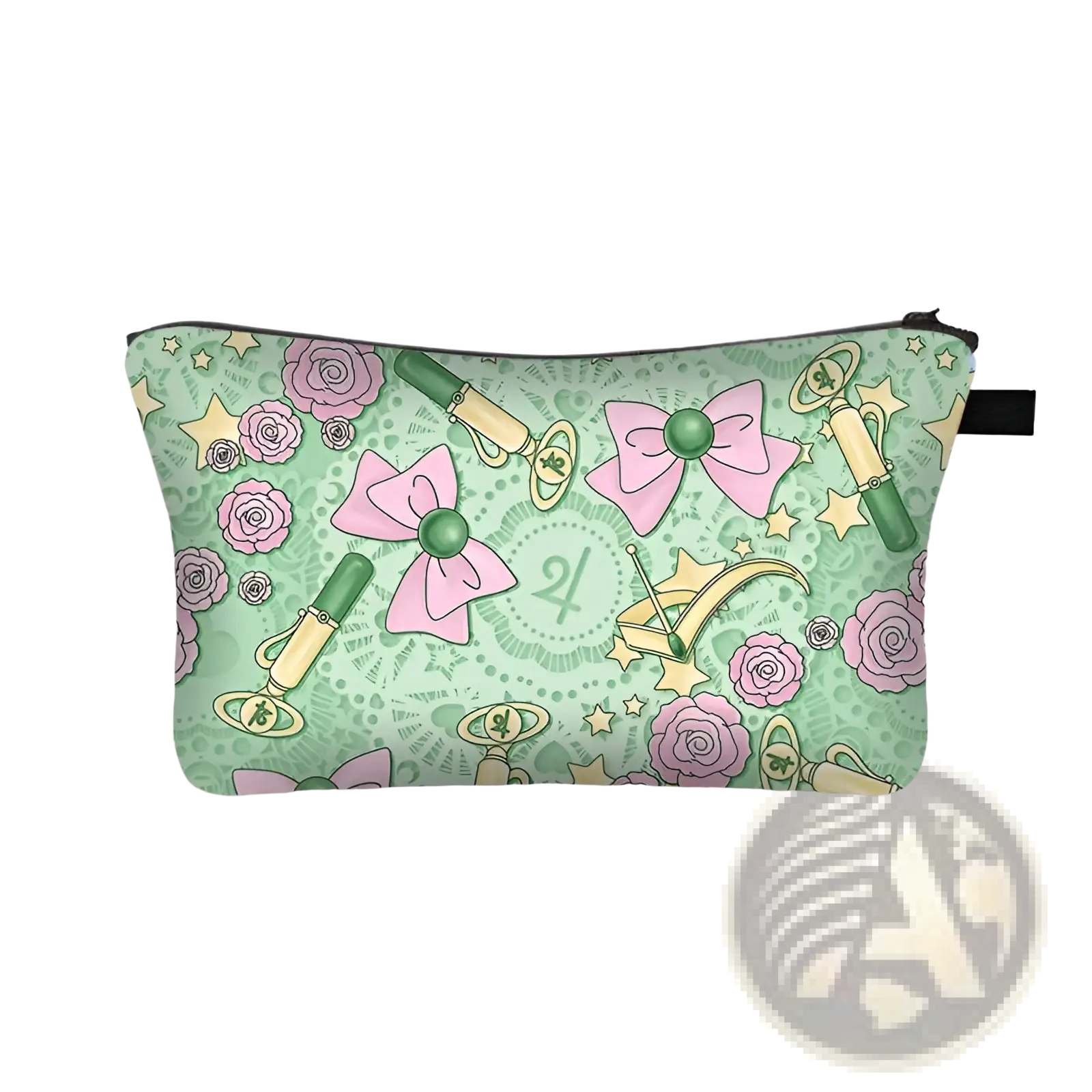 A mint green cosmetic bag with whimsical pink bows roses and golden crescent moons for travel use