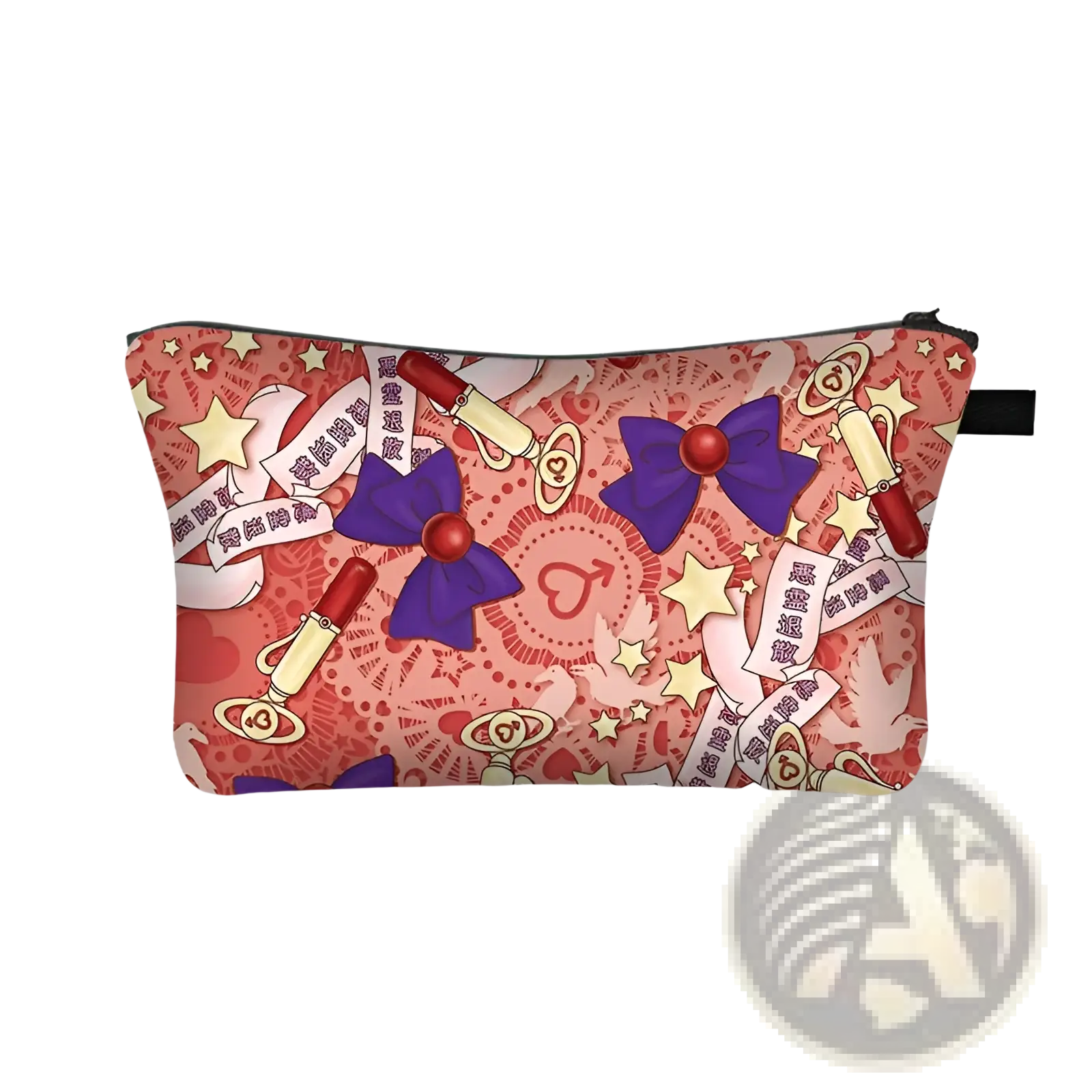 A pink cosmetic bag featuring a whimsical pattern of purple bows red lipstick tubes and gold keys for travel use