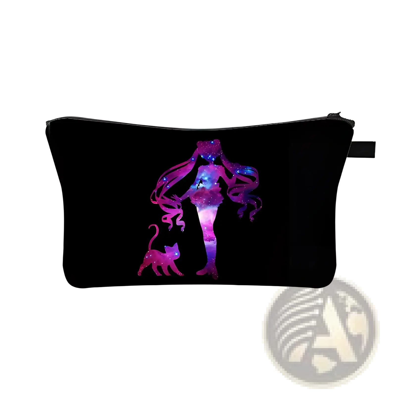 Black cosmetic bag featuring a vibrant galaxy-themed silhouette of a girl and cat in purple pink and blue colors