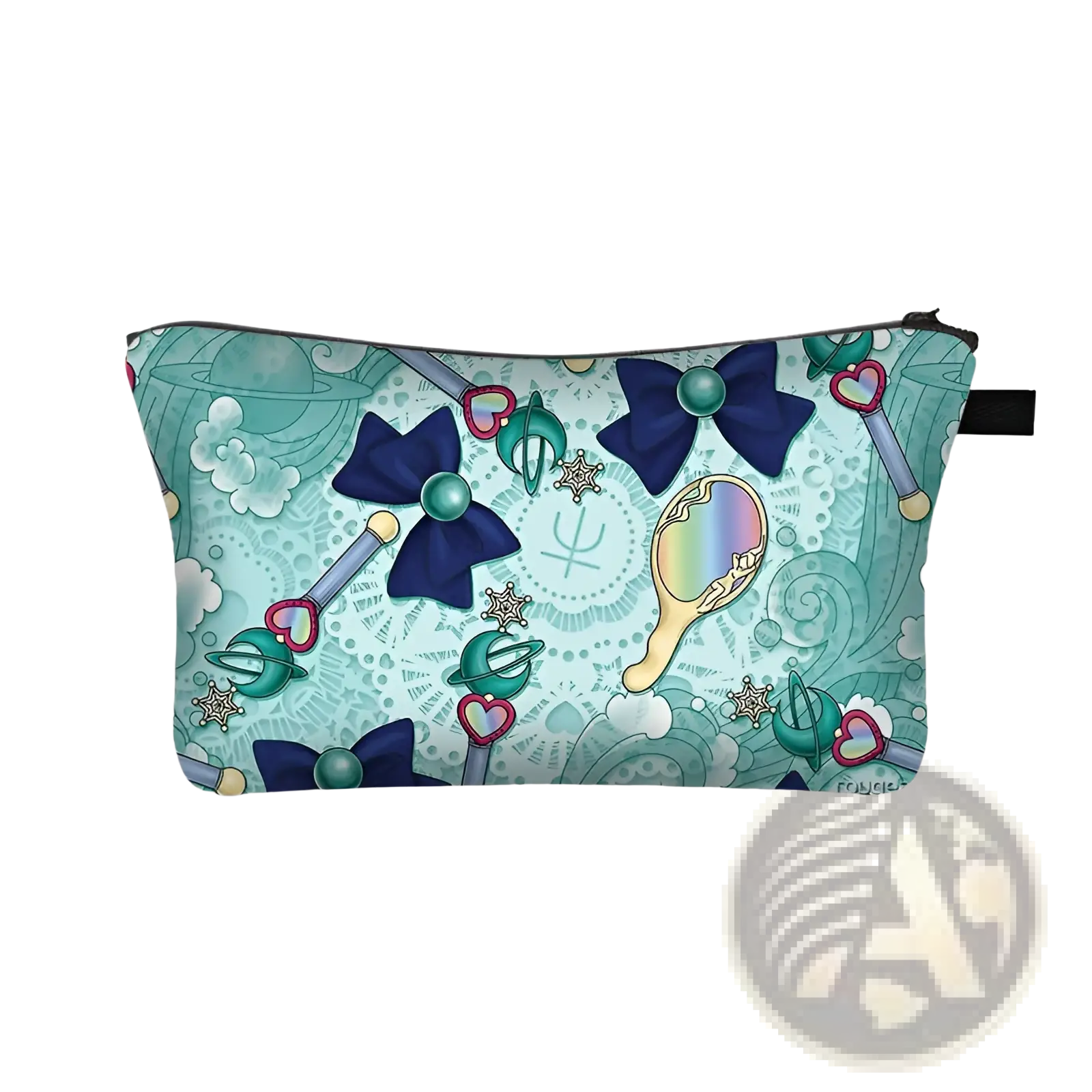 Cosmetic bag whimsical bow and lace travel clutch in teal with sailor moon designs navy bows magical wands and rainbow mirror