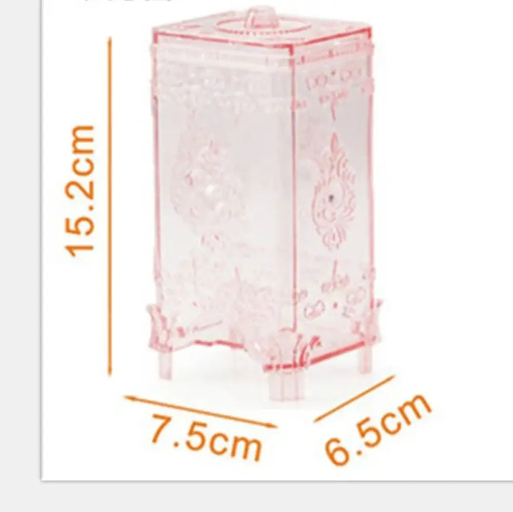 Ornate embossed amber glass cosmetic storage box with transparent pink acrylic floral scrollwork and hinged lid with feet
