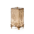 Ornate embossed amber glass cosmetic storage box with hinged lid gold floral scrollwork and decorative feet