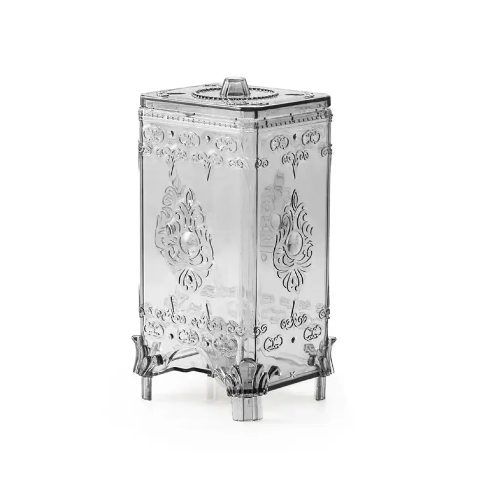 Ornate embossed amber glass cosmetic storage box with transparent acrylic rectangular shape and intricate silver floral patterns