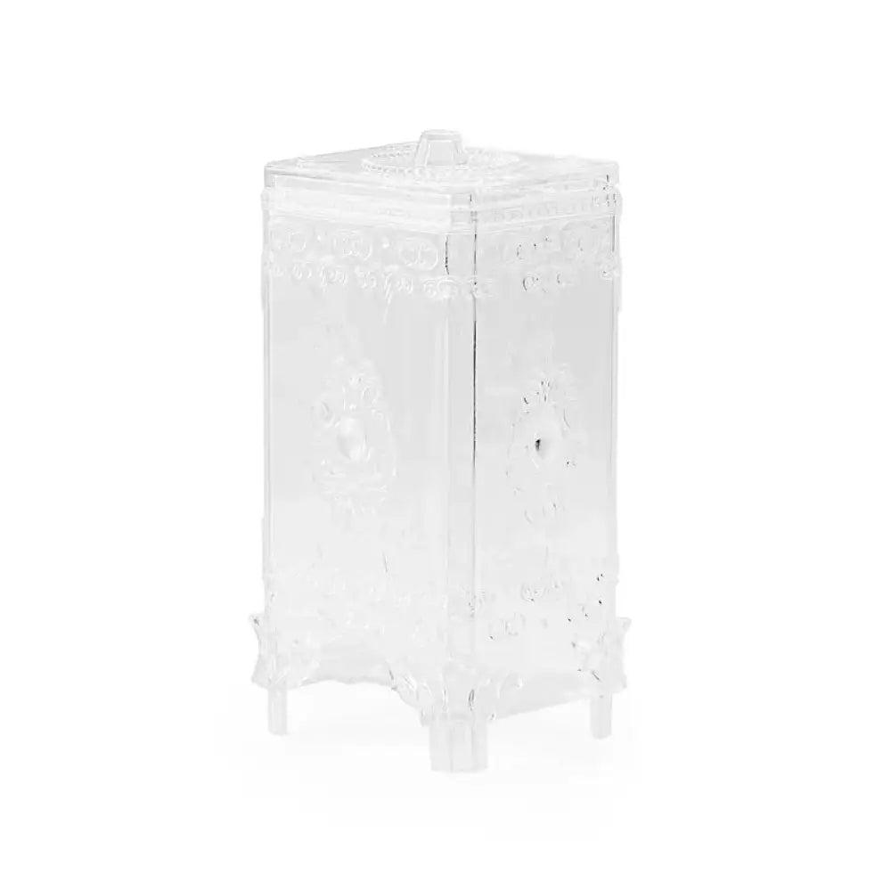 Ornate embossed amber glass cosmetic storage box with clear acrylic hinged lid floral and scrollwork patterns four feet