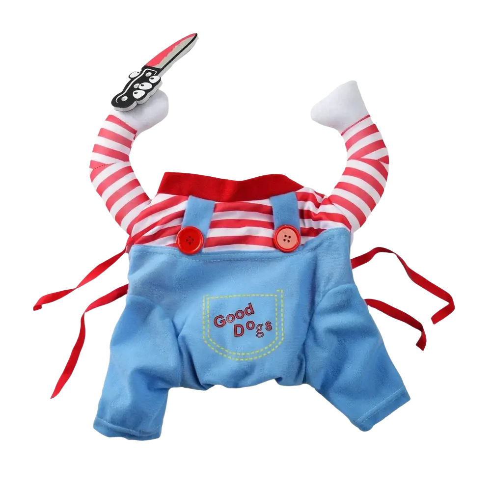Blue denim overalls cosplay costume for small medium dogs cats with red buttons striped sleeves and white gloves holding toy knife