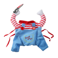 Blue denim overalls cosplay costume for small medium dogs cats with red buttons striped sleeves and white gloves holding toy knife