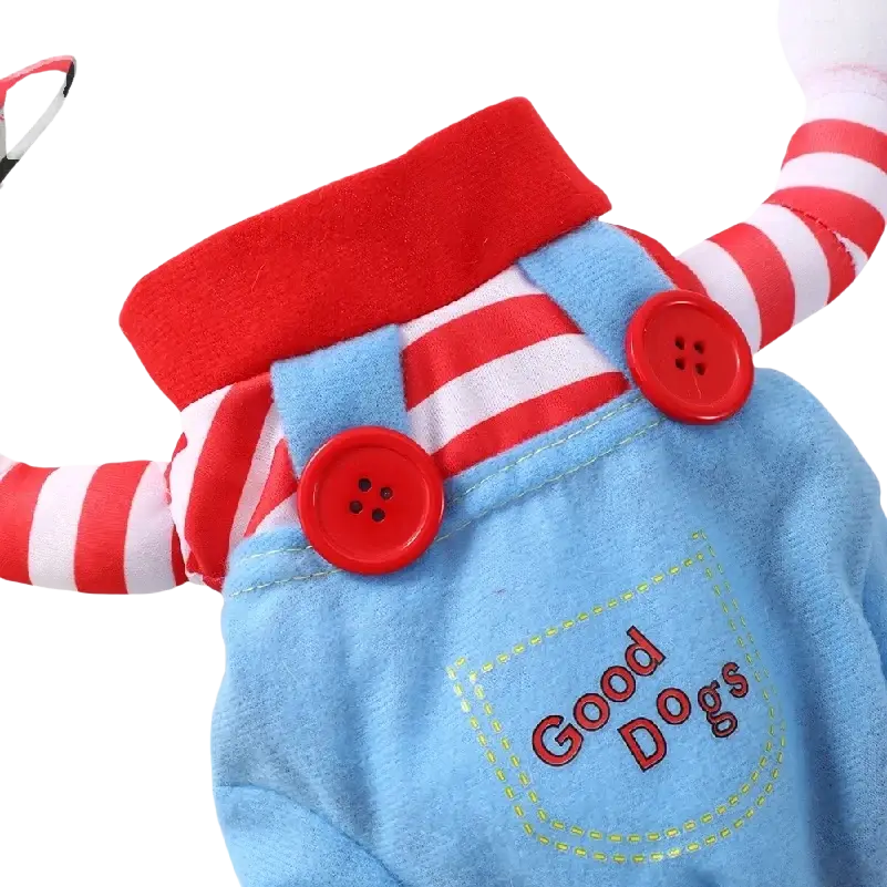 Blue plush cosplay costumes overalls with red button closures and good dogs embroidery for small medium dogs cats