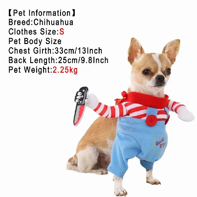 Chihuahua in red and white striped shirt with blue overalls holding knife prop cosplay costume for small medium dogs cats
