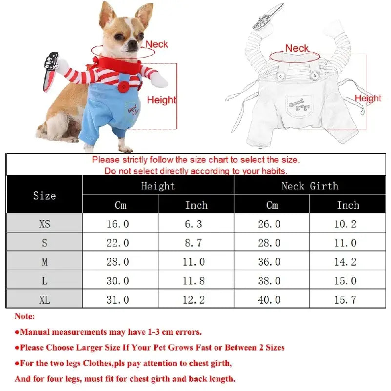 Chihuahua wearing red and white striped shirt with blue overalls and good dogs patch in cosplay costumes for small medium dogs cats