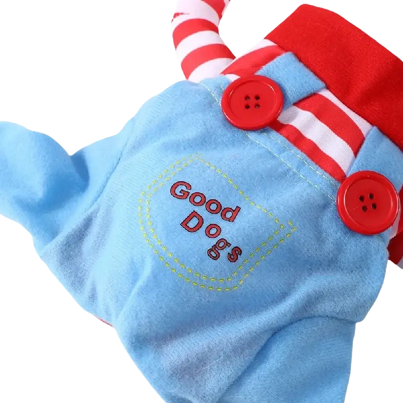 Light blue plush cosplay costume for small medium dogs cats with red white striped sleeves and embroidered good dogs text
