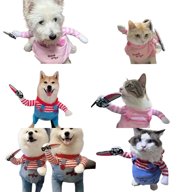 Small medium dogs cats cosplay costume featuring pink and white striped shirt with good dogs print worn in various poses