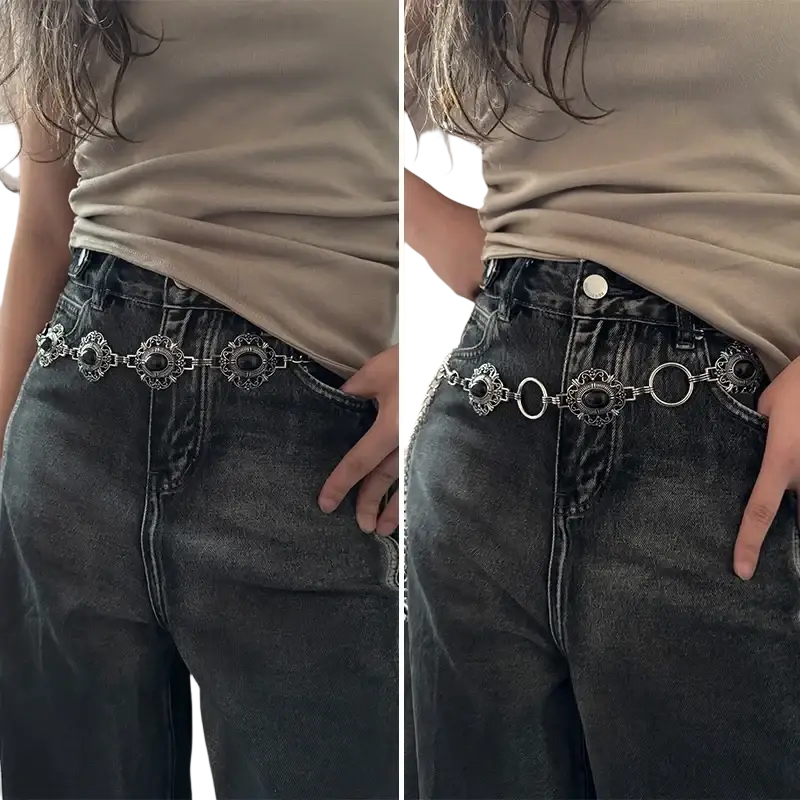 Cosplay waist chain belt featuring silver chain with ornate black stone encrusted decorative plates and circular links