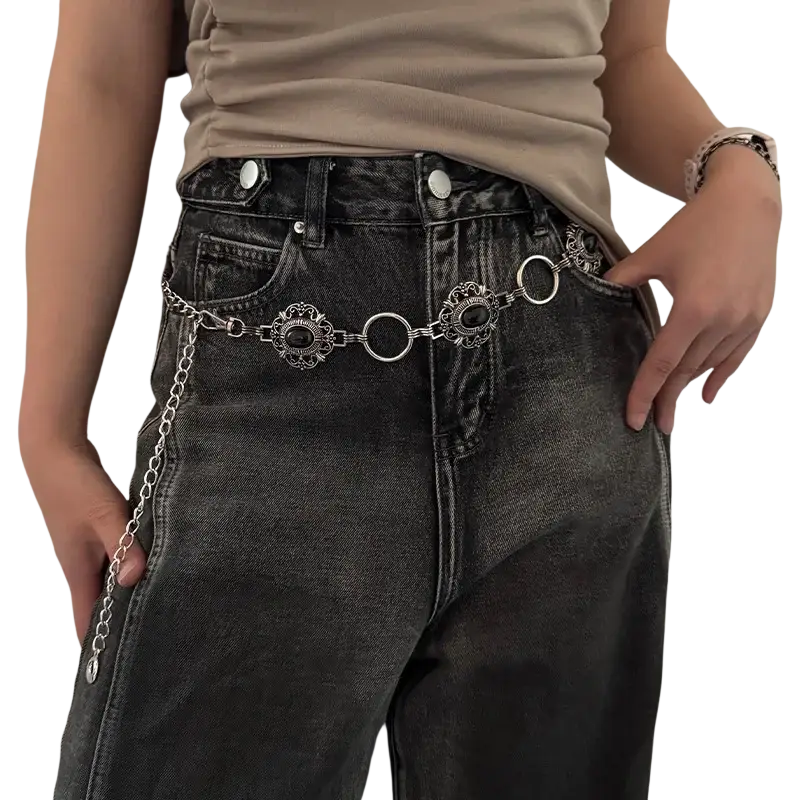 Silver chain belt with ornate floral medallions and black oval inlays cosplay waist chain belt for female gothic punk style